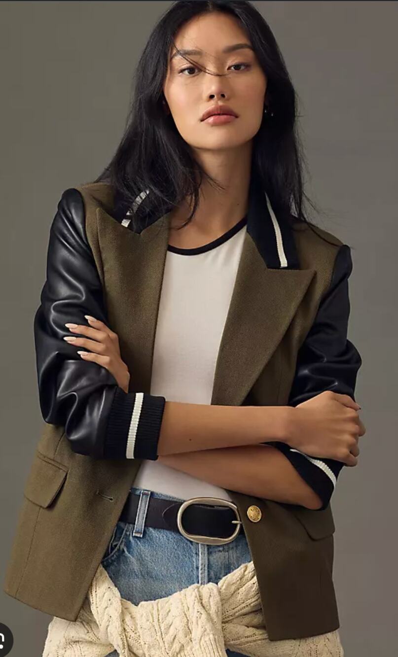 AVEC LES FILLES Varsity Blazer Mixed Fabric Green Black XSP